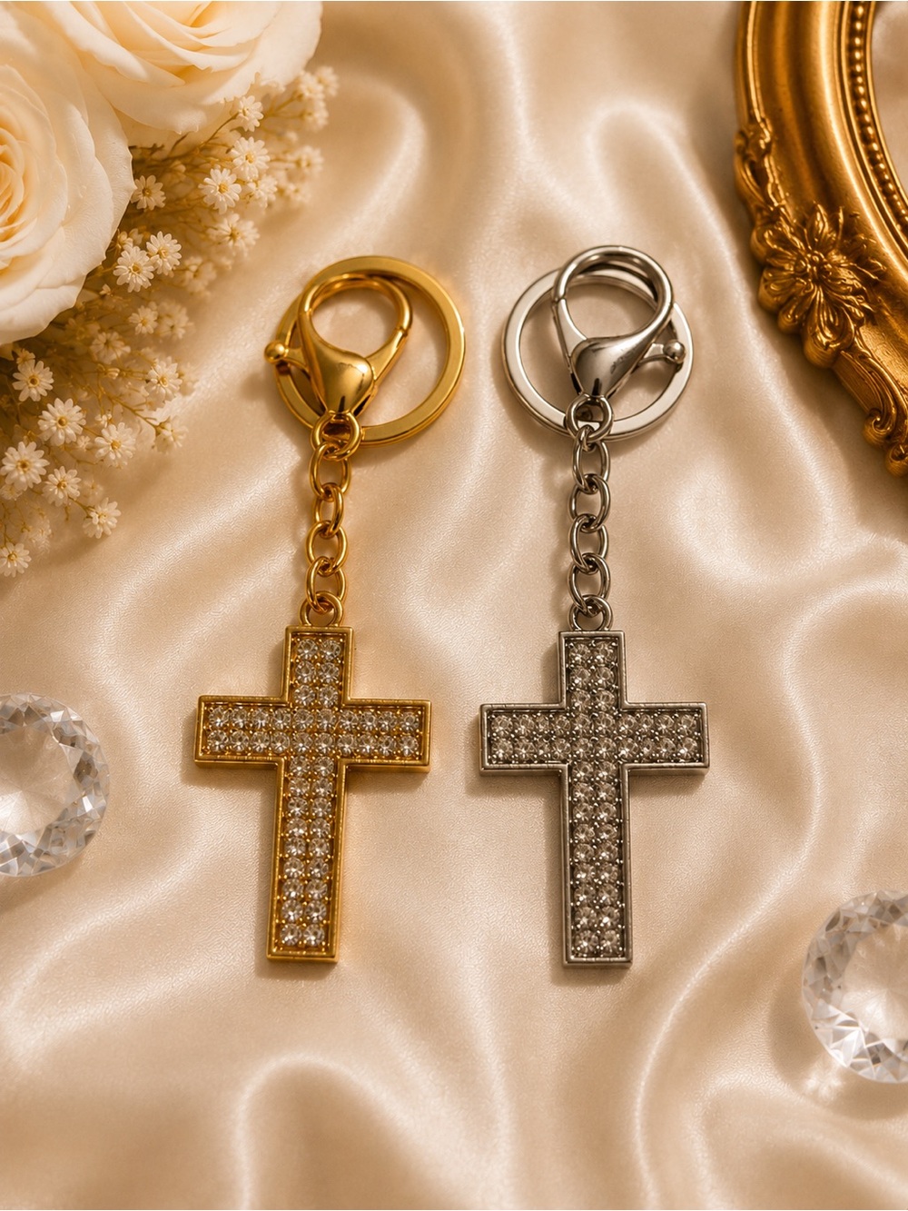 ✨ Rhinestone Cross Keychain | Gold & Silver | Faith-Inspired Bag Charm | ✨
